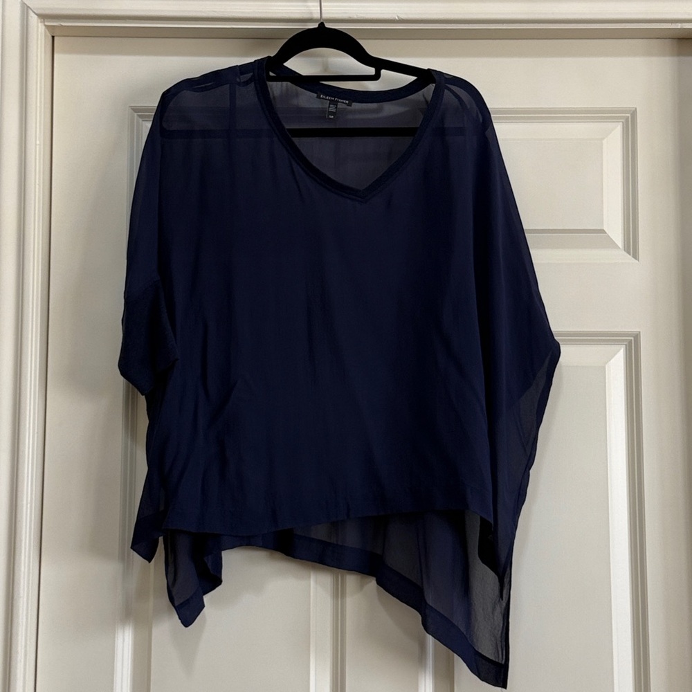 EILEEN FISHER 100% Silk Top Navy boxy top Women’s Size s/p  NWOT